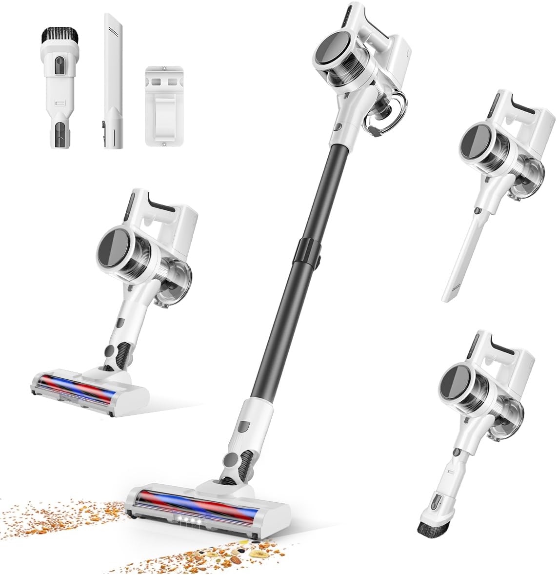 Anzen white cordless vacuum in stick and handheld configurations with its cleaning attachments