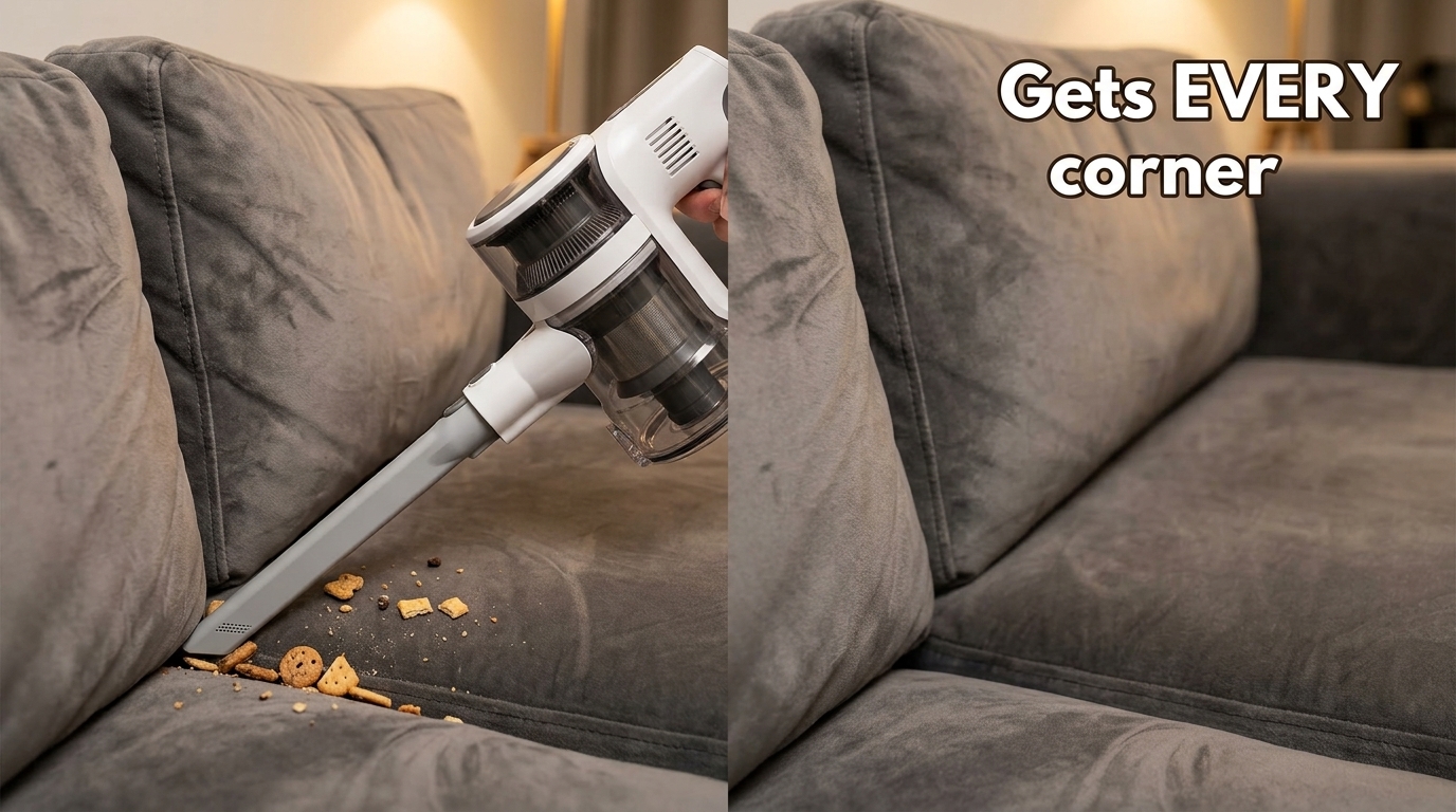 Crevice attachment reaching between sofa cushions